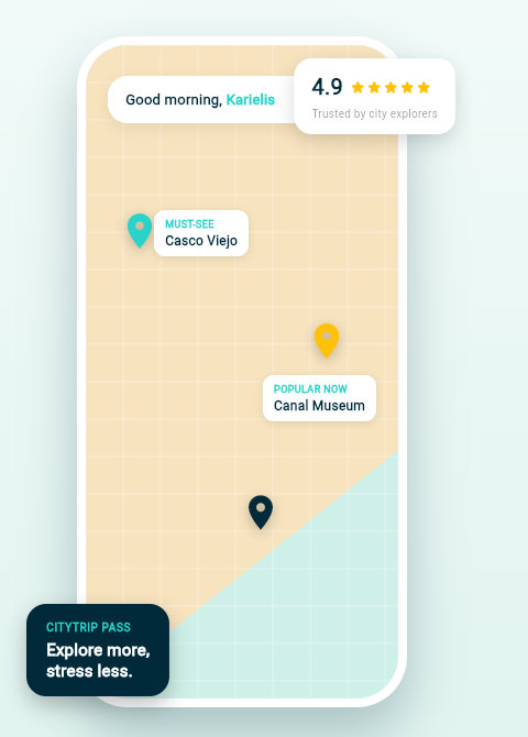 CityTrip map preview showing Casco Viejo and Canal Museum highlighted in Panama City, a 4.9 traveler rating, and the CityTrip Pass banner